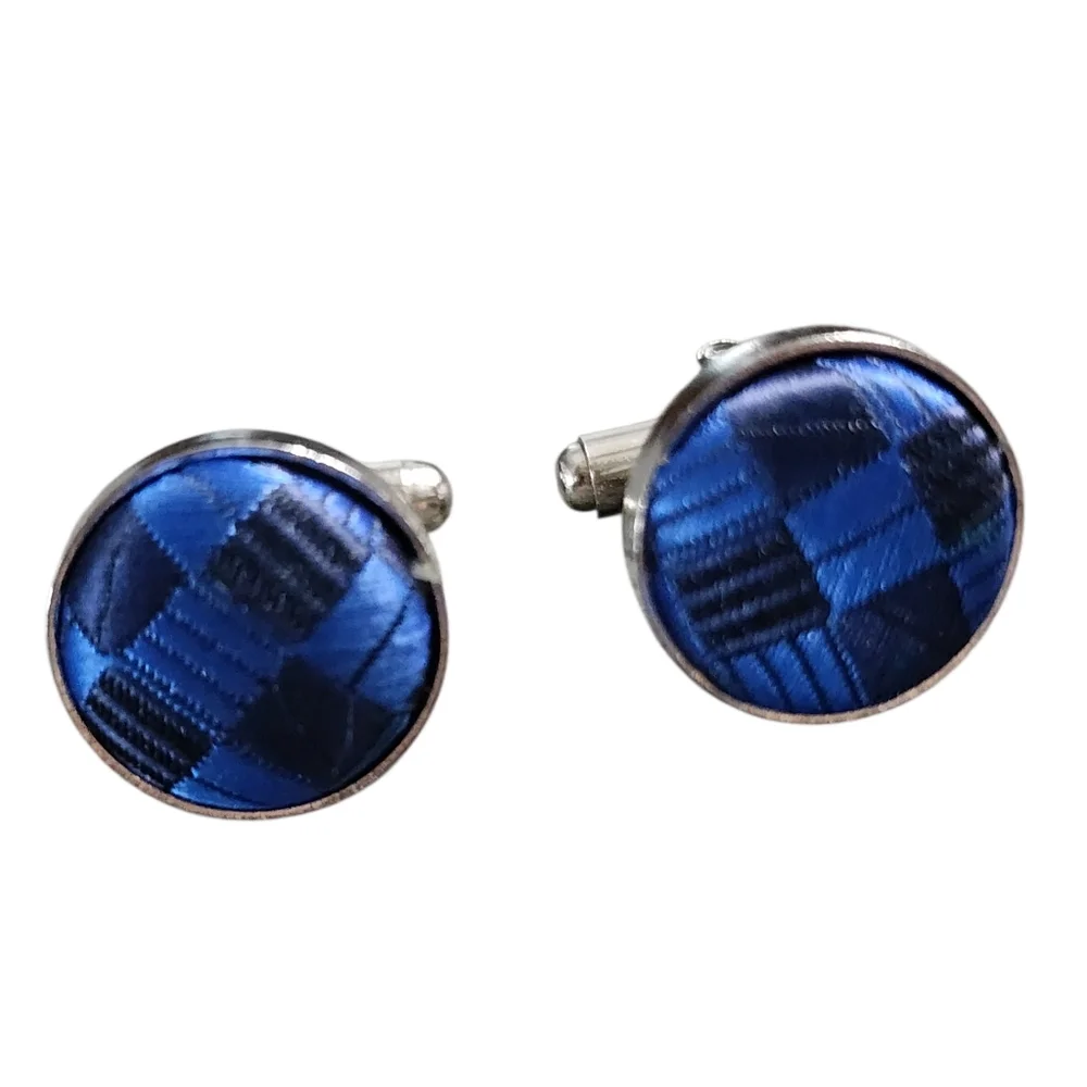 Blue Plaid Cufflinks Silvertone